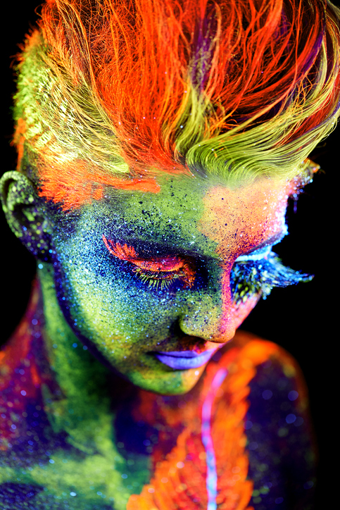close up color UV portrait on black bacground
